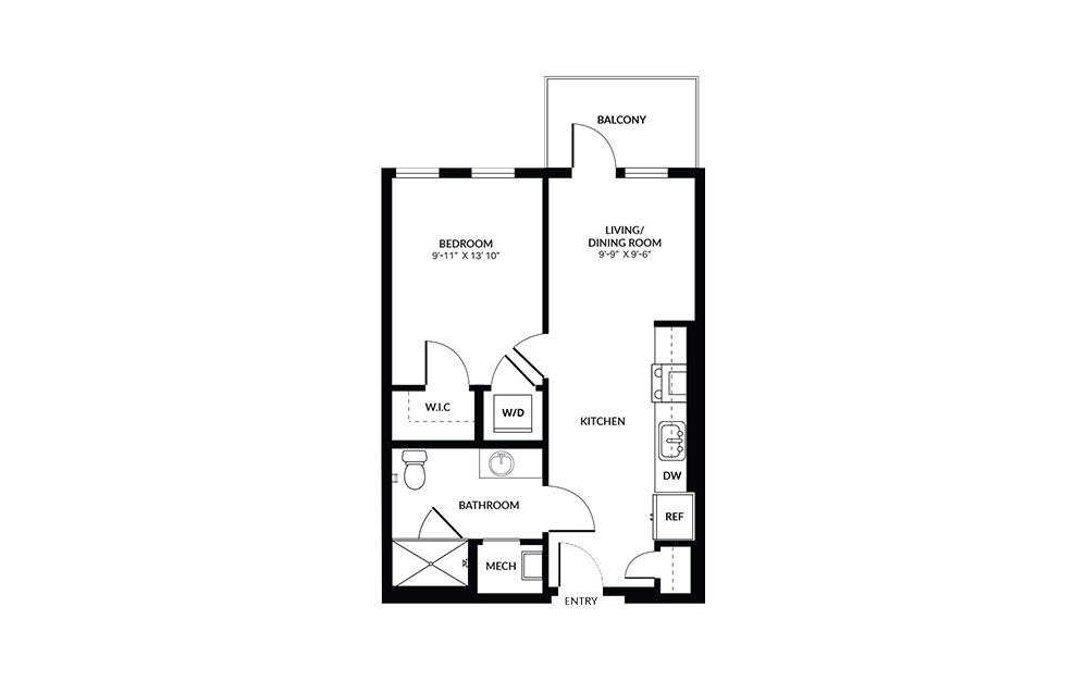 A1 - 1 bedroom floorplan layout with 1 bath and 610 square feet.