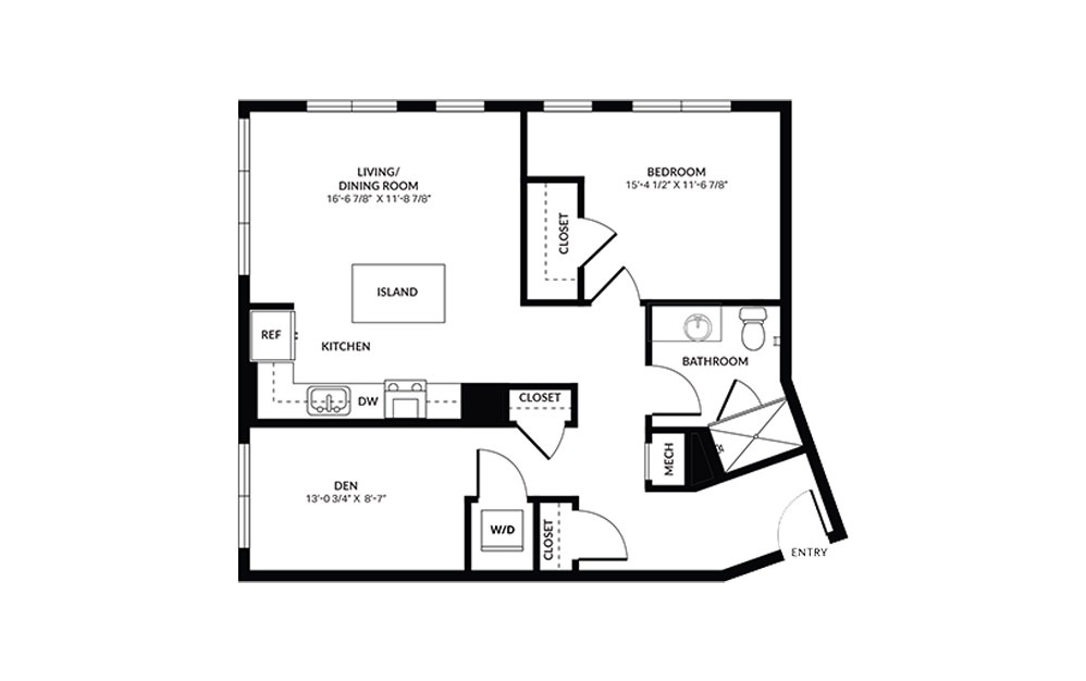 A3 - 1 bedroom floorplan layout with 1 bath and 986 square feet.