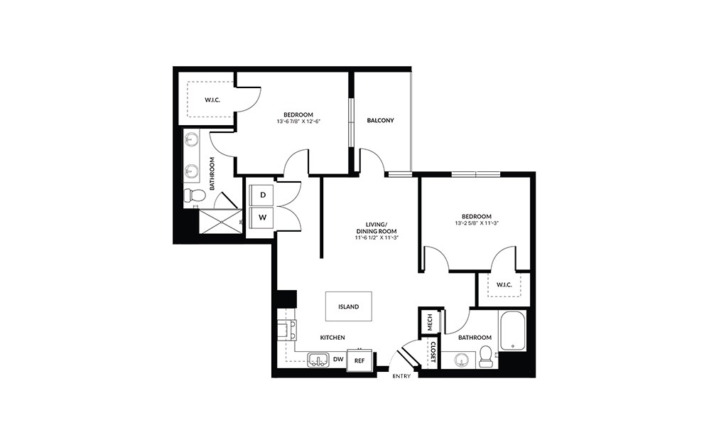 B1 - 2 bedroom floorplan layout with 2 baths and 1150 square feet.