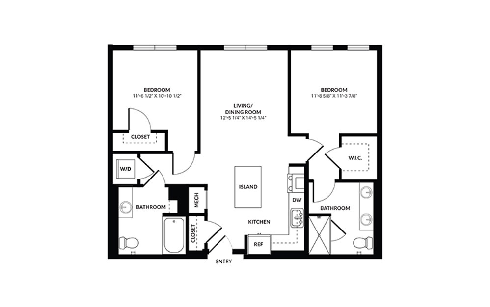 B2 - 2 bedroom floorplan layout with 2 baths and 1104 square feet.