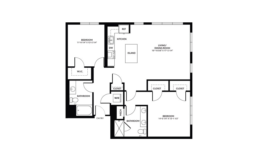 B5 - 2 bedroom floorplan layout with 2 baths and 1336 square feet.
