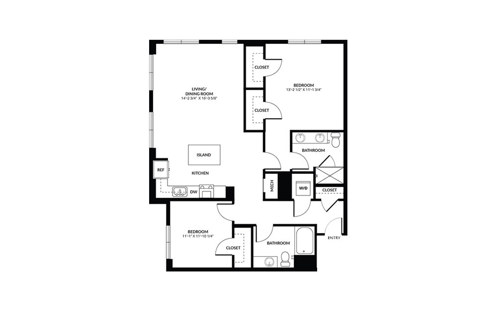 B6 - 2 bedroom floorplan layout with 2 baths and 1371 square feet.