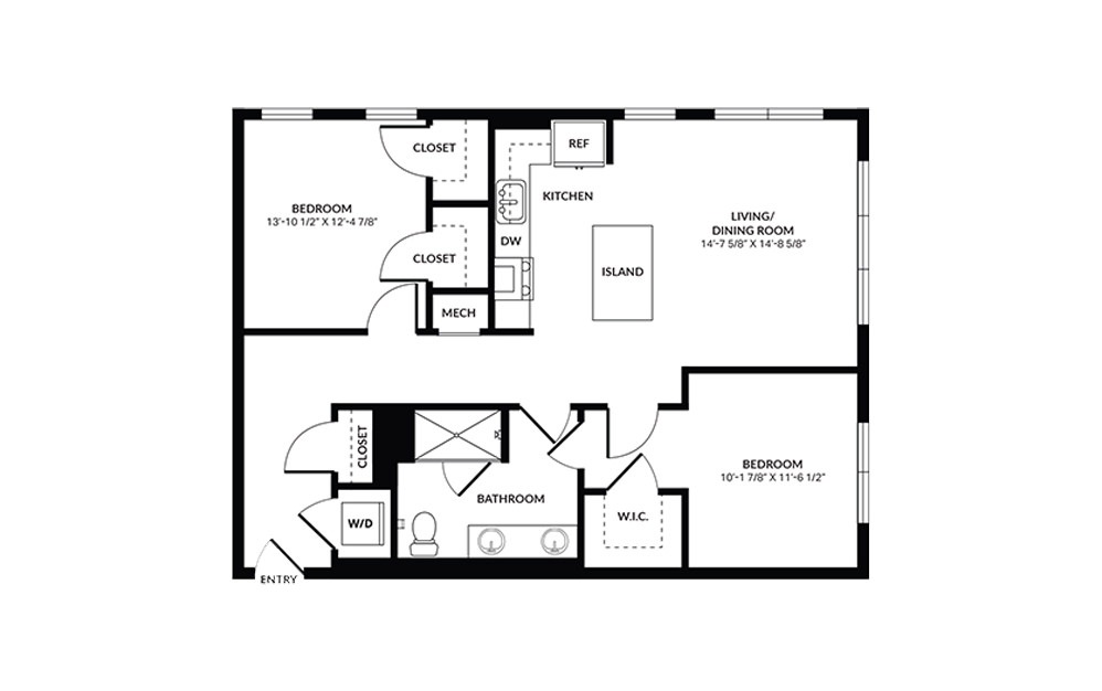 B8 - 2 bedroom floorplan layout with 1 bath and 1031 square feet.