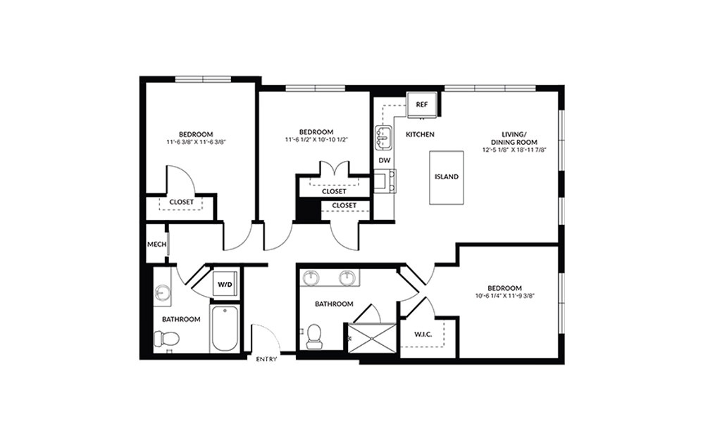 C1 - 3 bedroom floorplan layout with 2 baths and 1300 square feet.